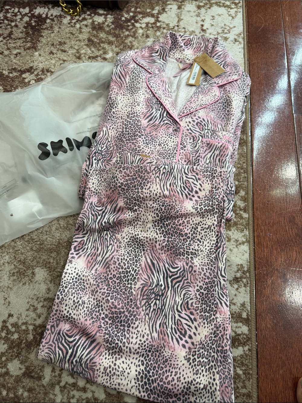 SKIMS Pink and Black Animal-Print Pajama Set